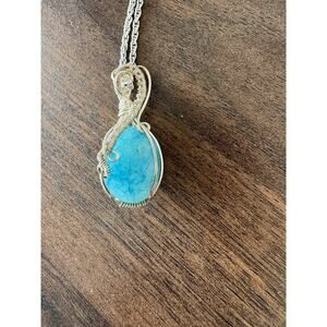 Handmade Wire Wrapped Blue Pendant Necklace Artisan Boho